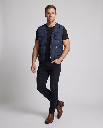 Herren Stepp-Multi-Taschen Outdoor-Weste mit D-Ringen und Frontreißverschluss