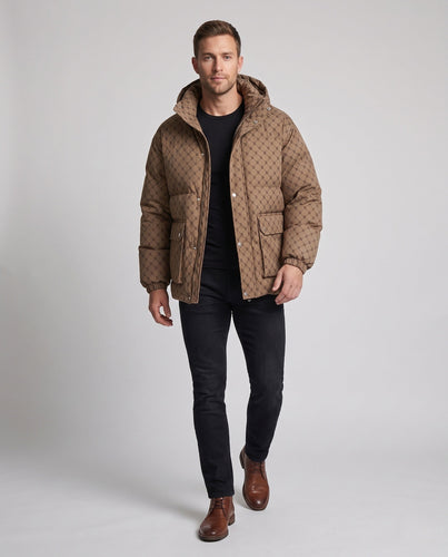 Herren gesteppter oversized Parka mit Kapuze, Allover-Monogramm, Druckknopfblende und großen aufgesetzten Taschen