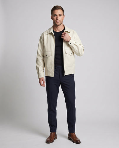 Männer Casual Boxy Kunstlederjacke mit Hemdkragen, Klappen Taschen und Zwei-Wege-Reißverschluss