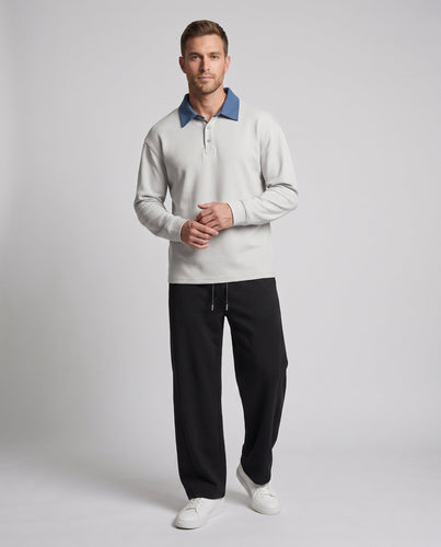 Herren Freizeitset mit Poloshirt mit Denimkragen und weit geschnittenen Jogginghosen