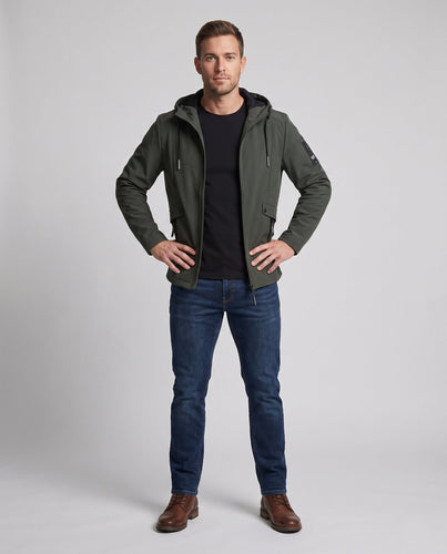 Herren leichte Softshell-Parka mit Kapuze, winddichte Oberfläche, verdeckter Reißverschluss und Klappentaschen