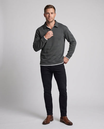 Herren lockere Passform Polohemd Sweatshirt mit Hemdkragen, subtiler Knopfleiste und kontrastierenden Kragen- und Ärmelverzierungen