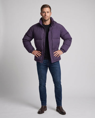 Herren minimalistische Thermo-Puffjacke mit hohem Stehkragen, internem Windschutz und elastischem Saum