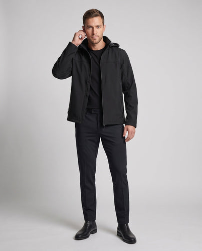 Herren technische Softshell-Hoodiejacke mit winddichter Membran, verstellbare Kapuze und versteckten Reißverschlusstaschen