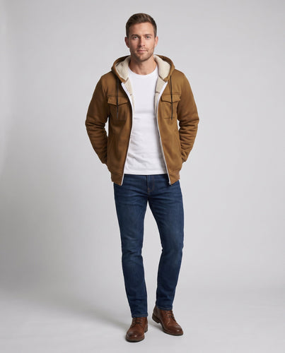 Herren Thermo gepolsterte Kapuzenjacke mit Teddy-Futter, Frontklappentaschen und gerippten Bündchen