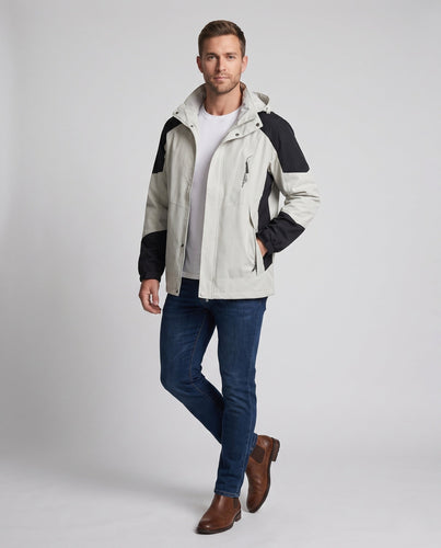 Herren ultraleichte packbare Hardshell-Jacke mit verstellbarer Kapuze, versiegelten Nähten und schrägem Brust-Reißverschluss
