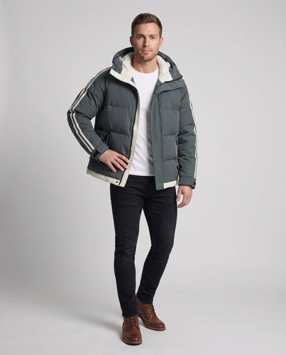 Männer gepolsterte Kapuzenwinterjacke mit sportlichen Seitenstreifen und winddichter Außenschale