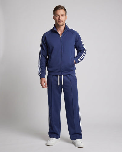 Unisex Sport Freizeit Set mit Stehkragenjacke und breiten Streifenhosen