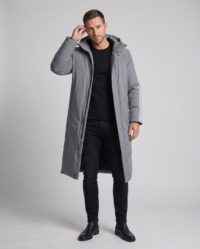 Unisex längerer gesteppter Winterparka mit Kapuze und sportlichen Ärmelstreifen