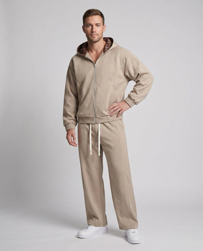 Unisex lässiges zweiteiliges Sweatset mit gefütterter Kapuze, geradem Bein und elastischem Kordelzugbund