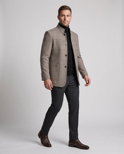 Eleganter Wollmischmantel für Herren mit Stehkragen und schlanker Silhouette Drune