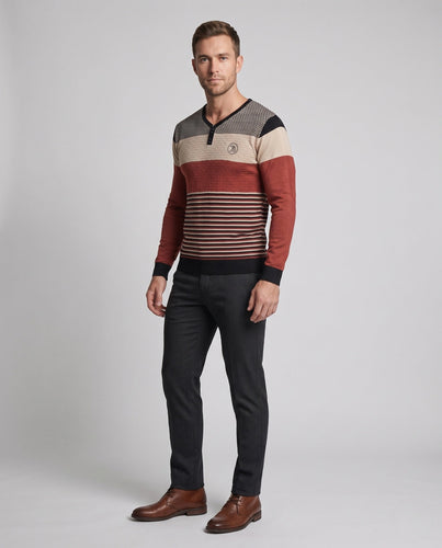Herren Feiner Langarm Polo Pullover mit Gestreifter Struktur Drune