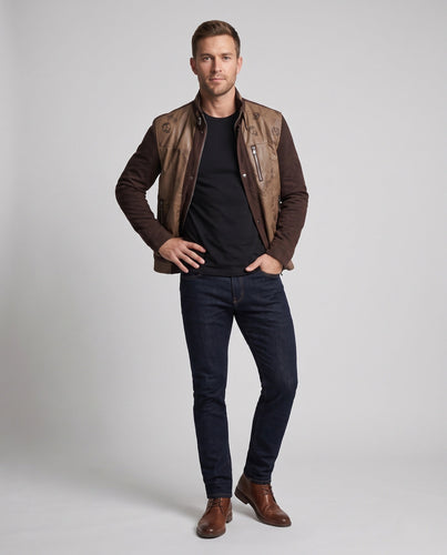 Herren Hybrid Übergangsjacke mit Stehkragen, Kunstleder-Frontpanelen und gestrickten Ärmeln Drune