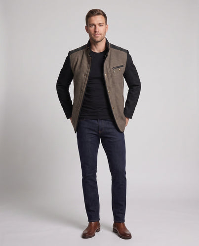 Herrenmanteljacke mit Stehkragen, doppelter Verschluss und strukturiertem Materialmix Drune