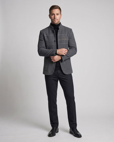 Herren Semi-formal Stehkragen Blazer mit gestepptem Baumwollfutter und aufgesetzten Taschen Drune