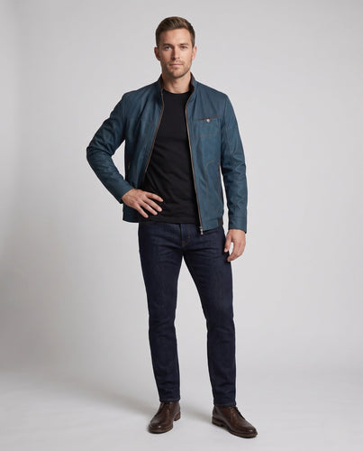 Herren Stehkragen Kunstlederjacke mit perforierten Schulterpaneelen, Reißverschluss vorne und gemustertem Futter Drune