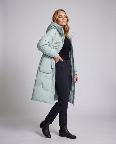 Damen Lange Thermo Steppjacke mit Übergroßer Kapuze und Windschutz Drune