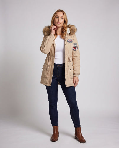 Damen Parka-Mantel im Utility-Stil mit gesteppter thermischer Fütterung und Abzeichen-Details Drune