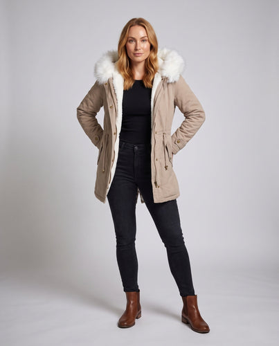 Damen Parka mit übergroßer Faux-Fur-Kapuze und gepolstertem Teddy-Innenfutter Drune