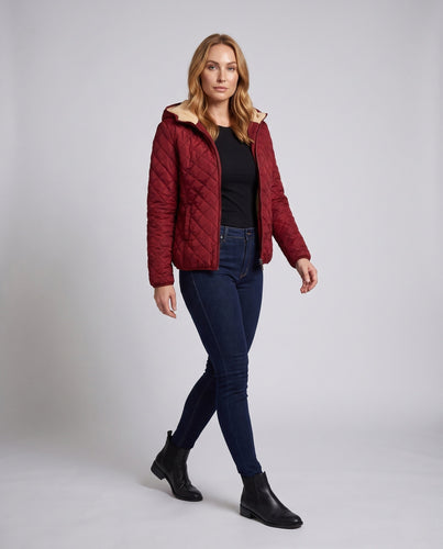 Damen gesteppte Jacke mit Kapuze und Teddy-Futter leichte gesteppte Winterjacke mit Reißverschluss Drune