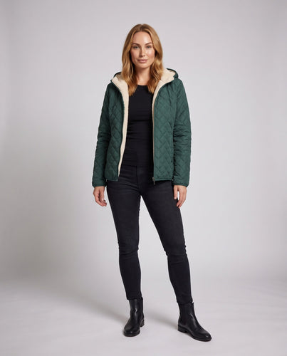 Damen Steppjacke mit Kapuze und Teddy-Futter Leichte isolierte Übergangsjacke Drune