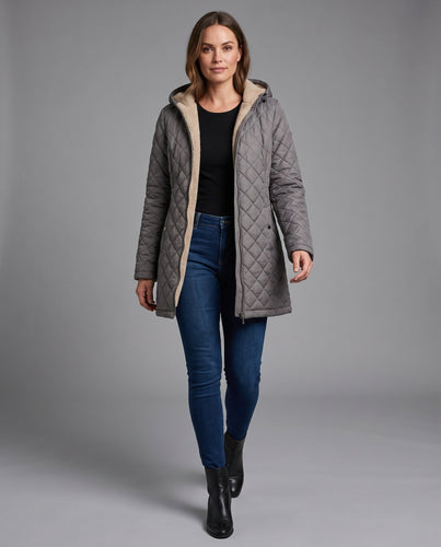 Damen gesteppter Mantel mit Teddy-Futter und Kapuze Drune