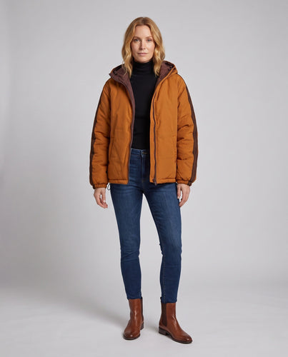 Damen Urban gesteppter Parka mit hohem Stehkragen, Kapuze und sportlichen Streifen Drune