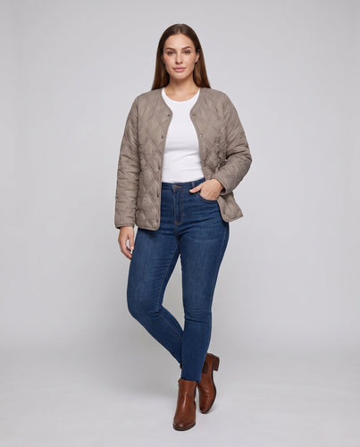 Damen gesteppte Jacke mit Teddy-Futter und Druckknopfverschluss