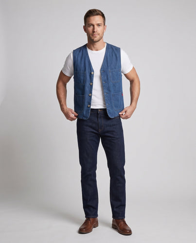 Ärmellose Canvas Utility-Weste für Herren mit gestreiftem Futter und mehreren Klappen-Taschen