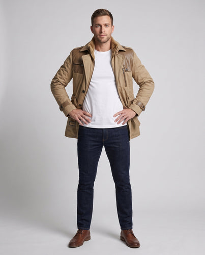 Herren Feldjacke mit Kunstlederbesatz, Teddy-Futter und tailliertem Gürtel