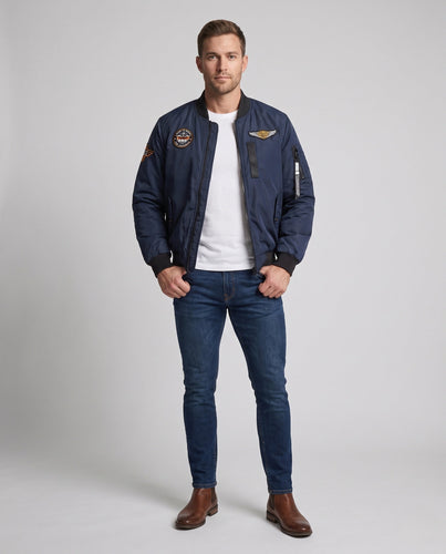 Herren Flug Bomberjacke mit Abzeichen-Patches, Armtasche und Rippbündchen