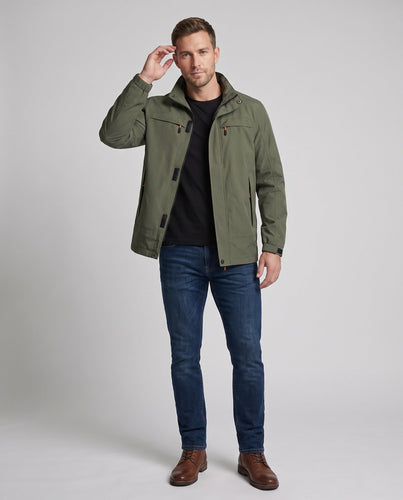 Herren Freizeitfeldjacke mit Kapuze, winddichtem Material und verdecktem Reißverschluss