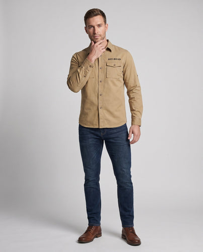 Herren Langarm Utility Shirt im Canvas-Look mit Klappbrusttaschen und OFF-ROAD-Druck