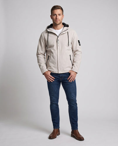 Moderne, leichte Softshell-Hybrid-Hoodie-Jacke für Herren mit verstellbarer Kapuze und wasserdichten Reißverschluss-Taschen