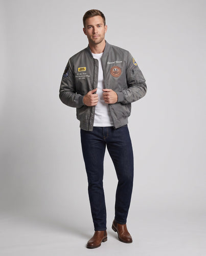 Herren-Pilot-Bomberjacke im militärischen Look mit Patches und Reißverschluss