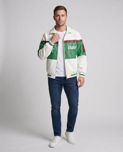 Herren Retro Colorblock Fauxleder Trainingsjacke mit Stehkragen und gerippten Bündchen