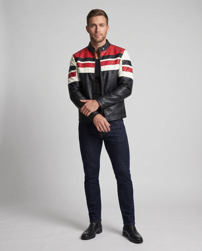Herren Retro Racing Kunstlederjacke mit Stehkragen und Slim Fit