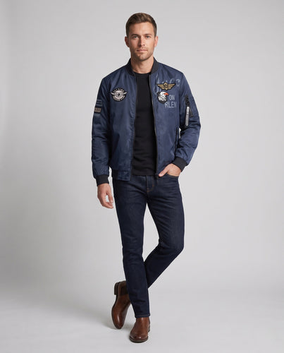 Herren Satin-Look Pilotjacke mit Emblem-Patches, Reißverschluss und Utility-Tasche an den Ärmeln