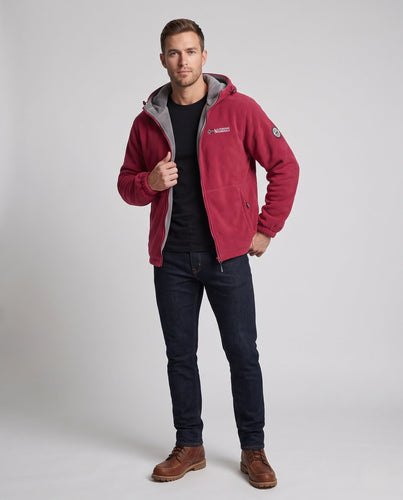Herren Thermo-Fleece-Jacke mit doppellagiger Sherpa-Verdichtung, Kapuze und winddichter Oberfläche