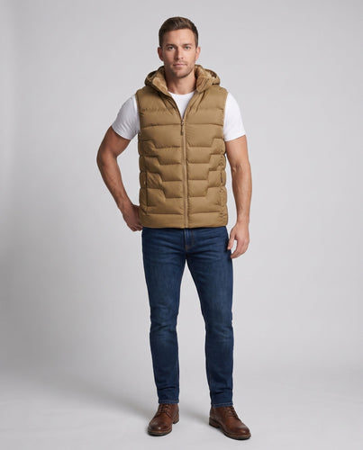 Herren Ultralight gepolsterte Weste mit Kapuze, winddichte thermische Isolierung und verdeckte Reißverschlusstaschen