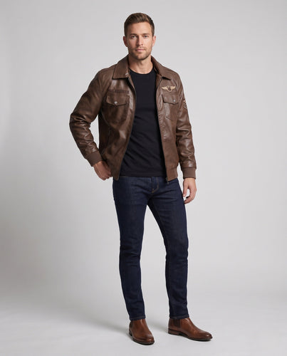 Herren Vintage Biker Kunstleder Bomberjacke mit Stickereipatronen und Teddy-Futter
