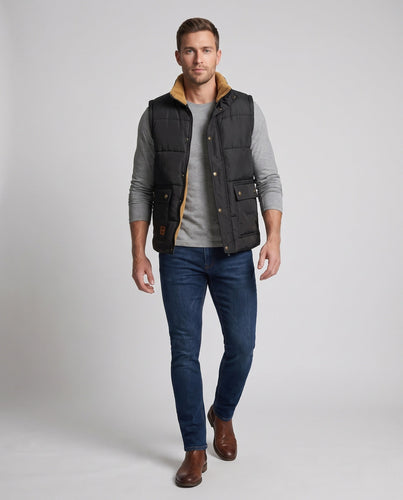 Herren gepolsterte Outdoor-Weste mit Teddyfutter, hohem Stehkragen und Klappentaschen