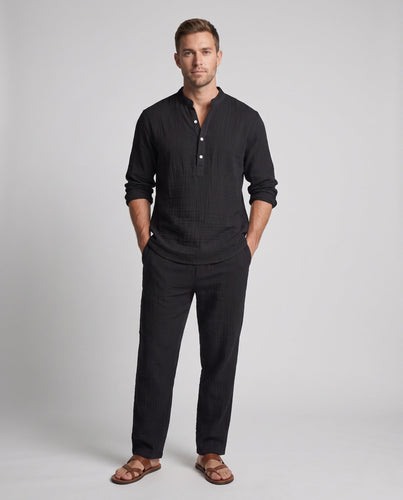 Herren Leinenlook Freizeitset mit Stehkragen Henley und weiten lässigen Hosen Drune