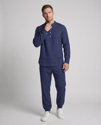 Herren Lagenlook Loungewear-Set mit Stehkragen Henley & elastischen Jogginghosen Drune