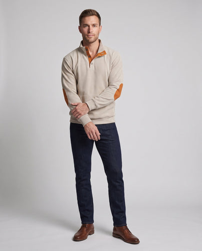 Männlicher Cordpullover mit Stehkragen, Henley-Knopfleiste und Ellbogenpatches Drune