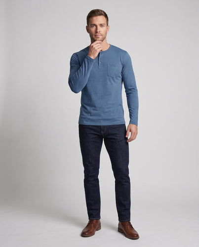 Herren Feine Langarm-Henley mit Brusttasche, Rundhalsausschnitt & Slim Silhouette Drune