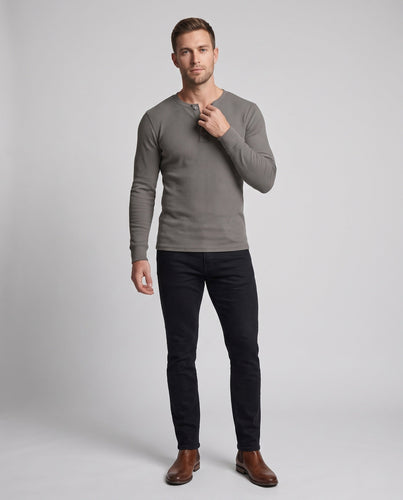 Herren Feinstruktur Henley mit geripptem Jersey, Rundhalsausschnitt und Knopfleiste Drune