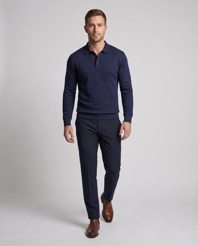 Herren fein strukturiertes Langarm-Polo mit Jacquard-Waffelstruktur und Kragen Drune
