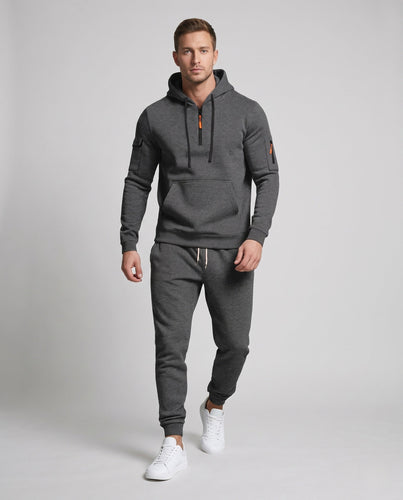 Herren Fleece-Loungewear-Set mit Halb-Reißverschluss-Hoodie, Taschenärmeln & Slim Jogger Drune
