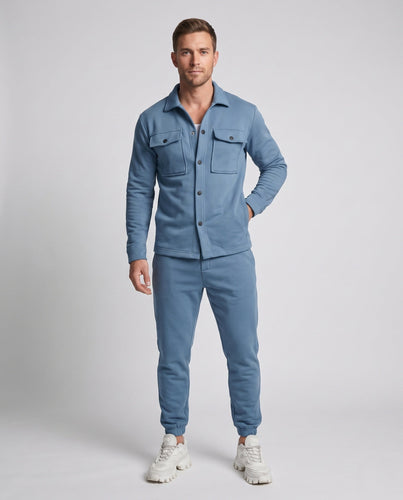 Herren Freizeit-Set Button-Up Overshirt mit Brusttaschen und schmalen Jogginghosen Drune